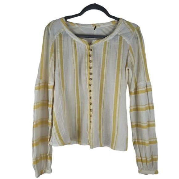 Free People Yellow Striped Button Up Peasant - Picture 4 of 12